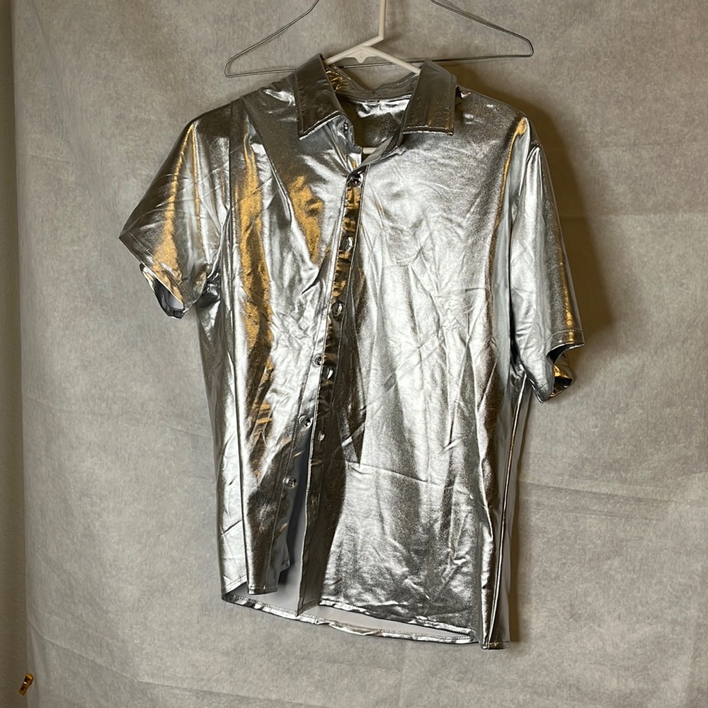 Metallic silver button down shirt